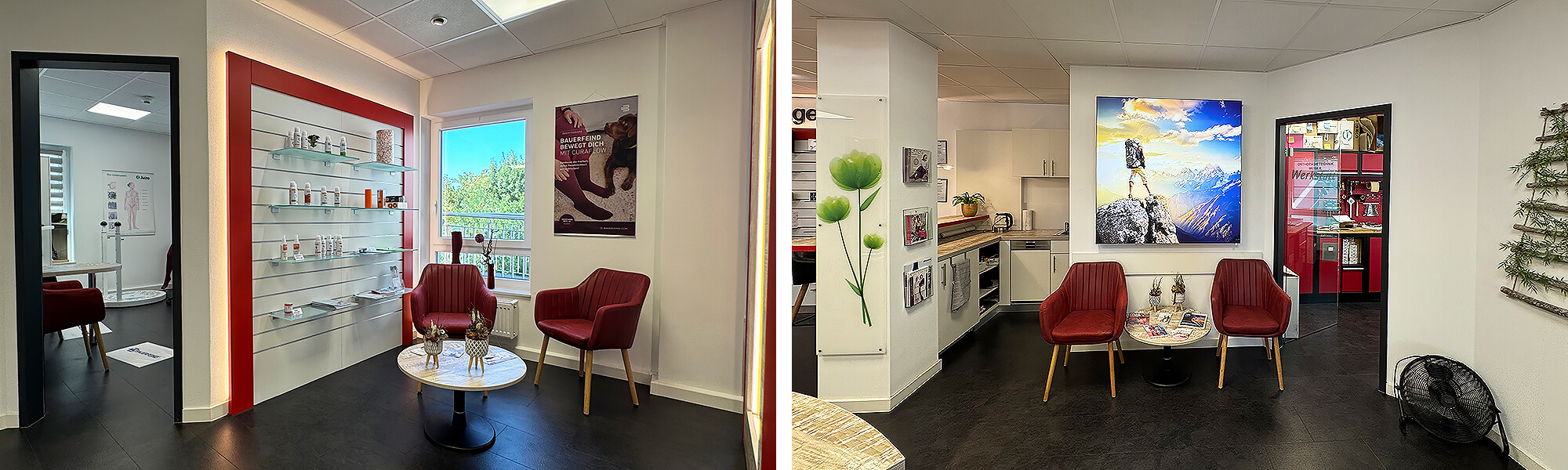 Wartebereich mit roten Polstersesseln und Produktregalen sowie eine Lounge-Ecke mit einem großen Wandbild, das einen Bergsteiger zeigt.